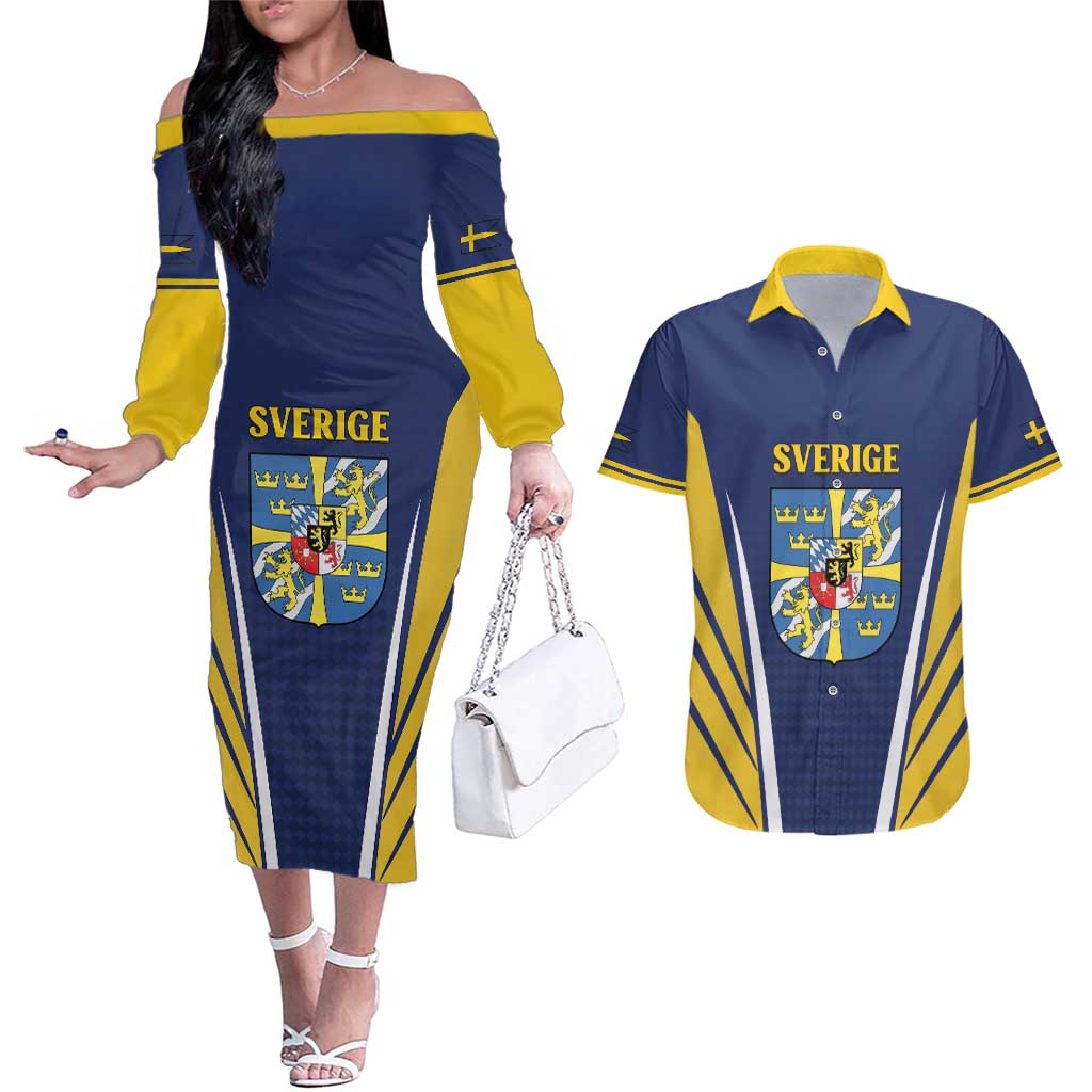 Personalized Swedish Empire 1611-1721 Couples Matching Off The Shoulder Long Sleeve Dress and Hawaiian Shirt Flag Color Inspiration - Wonder Print Shop