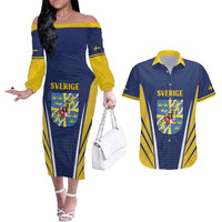 Personalized Swedish Empire 1611-1721 Couples Matching Off The Shoulder Long Sleeve Dress and Hawaiian Shirt Flag Color Inspiration - Wonder Print Shop