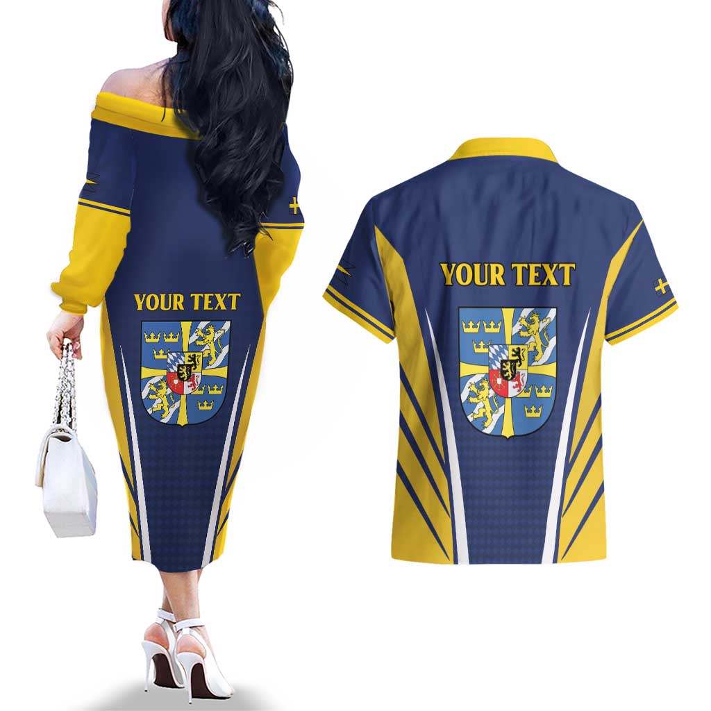 Personalized Swedish Empire 1611-1721 Couples Matching Off The Shoulder Long Sleeve Dress and Hawaiian Shirt Flag Color Inspiration - Wonder Print Shop