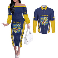 Personalized Swedish Empire 1611-1721 Couples Matching Off The Shoulder Long Sleeve Dress and Long Sleeve Button Shirt Flag Color Inspiration - Wonder Print Shop