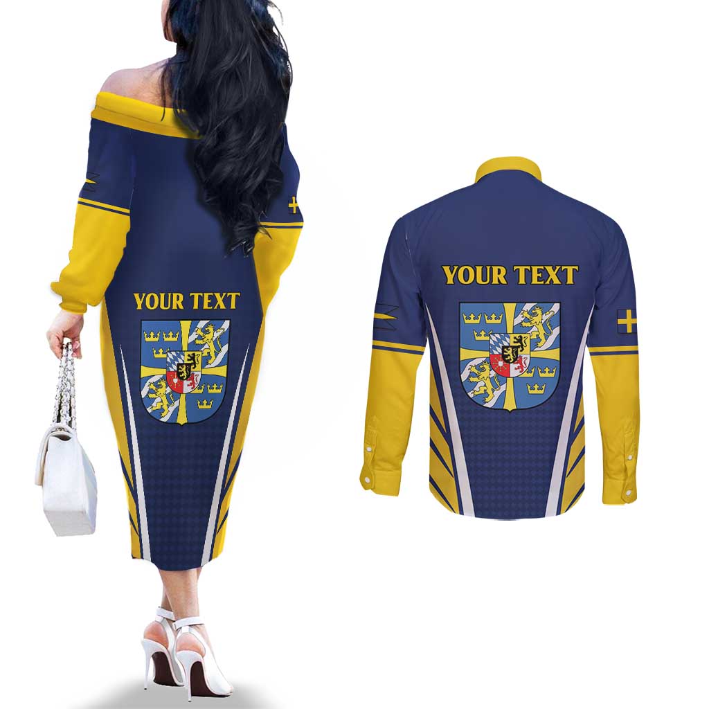 Personalized Swedish Empire 1611-1721 Couples Matching Off The Shoulder Long Sleeve Dress and Long Sleeve Button Shirt Flag Color Inspiration - Wonder Print Shop