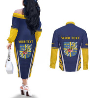 Personalized Swedish Empire 1611-1721 Couples Matching Off The Shoulder Long Sleeve Dress and Long Sleeve Button Shirt Flag Color Inspiration - Wonder Print Shop