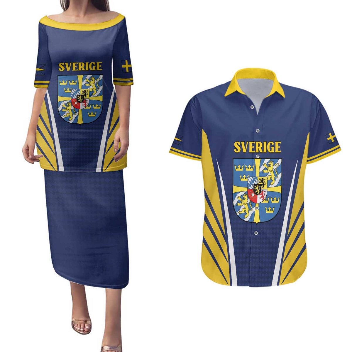 Personalized Swedish Empire 1611-1721 Couples Matching Puletasi and Hawaiian Shirt Flag Color Inspiration - Wonder Print Shop