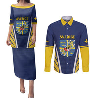 Personalized Swedish Empire 1611-1721 Couples Matching Puletasi and Long Sleeve Button Shirt Flag Color Inspiration - Wonder Print Shop