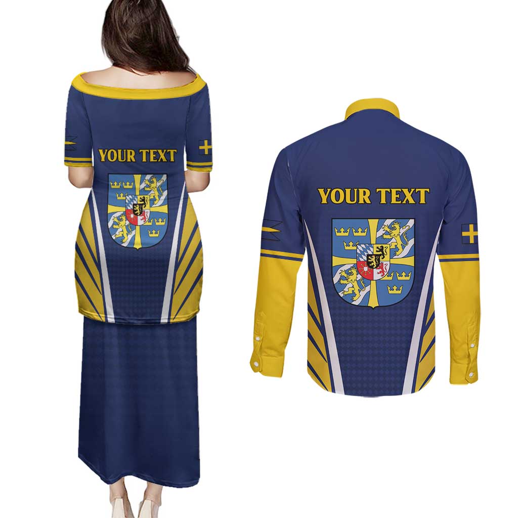 Personalized Swedish Empire 1611-1721 Couples Matching Puletasi and Long Sleeve Button Shirt Flag Color Inspiration - Wonder Print Shop