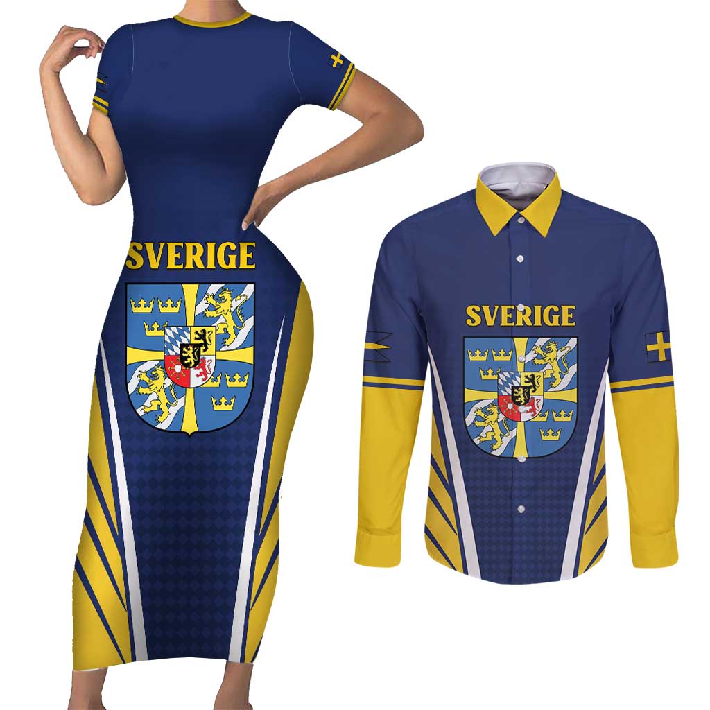 Personalized Swedish Empire 1611-1721 Couples Matching Short Sleeve Bodycon Dress and Long Sleeve Button Shirt Flag Color Inspiration - Wonder Print Shop