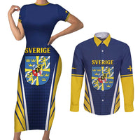 Personalized Swedish Empire 1611-1721 Couples Matching Short Sleeve Bodycon Dress and Long Sleeve Button Shirt Flag Color Inspiration - Wonder Print Shop