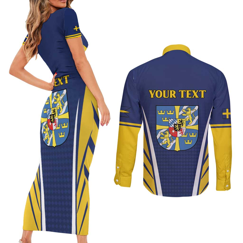 Personalized Swedish Empire 1611-1721 Couples Matching Short Sleeve Bodycon Dress and Long Sleeve Button Shirt Flag Color Inspiration - Wonder Print Shop