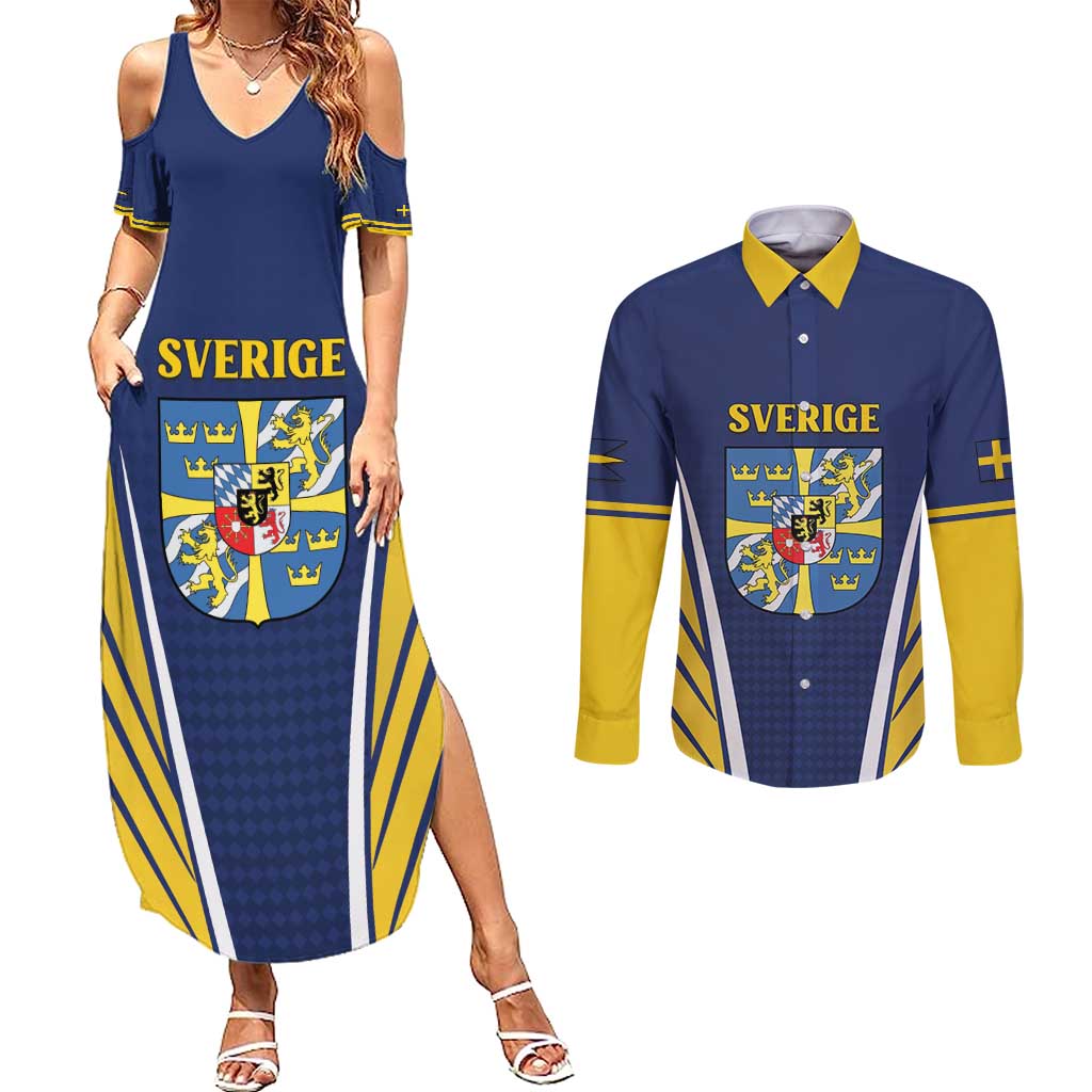 Personalized Swedish Empire 1611-1721 Couples Matching Summer Maxi Dress and Long Sleeve Button Shirt Flag Color Inspiration - Wonder Print Shop