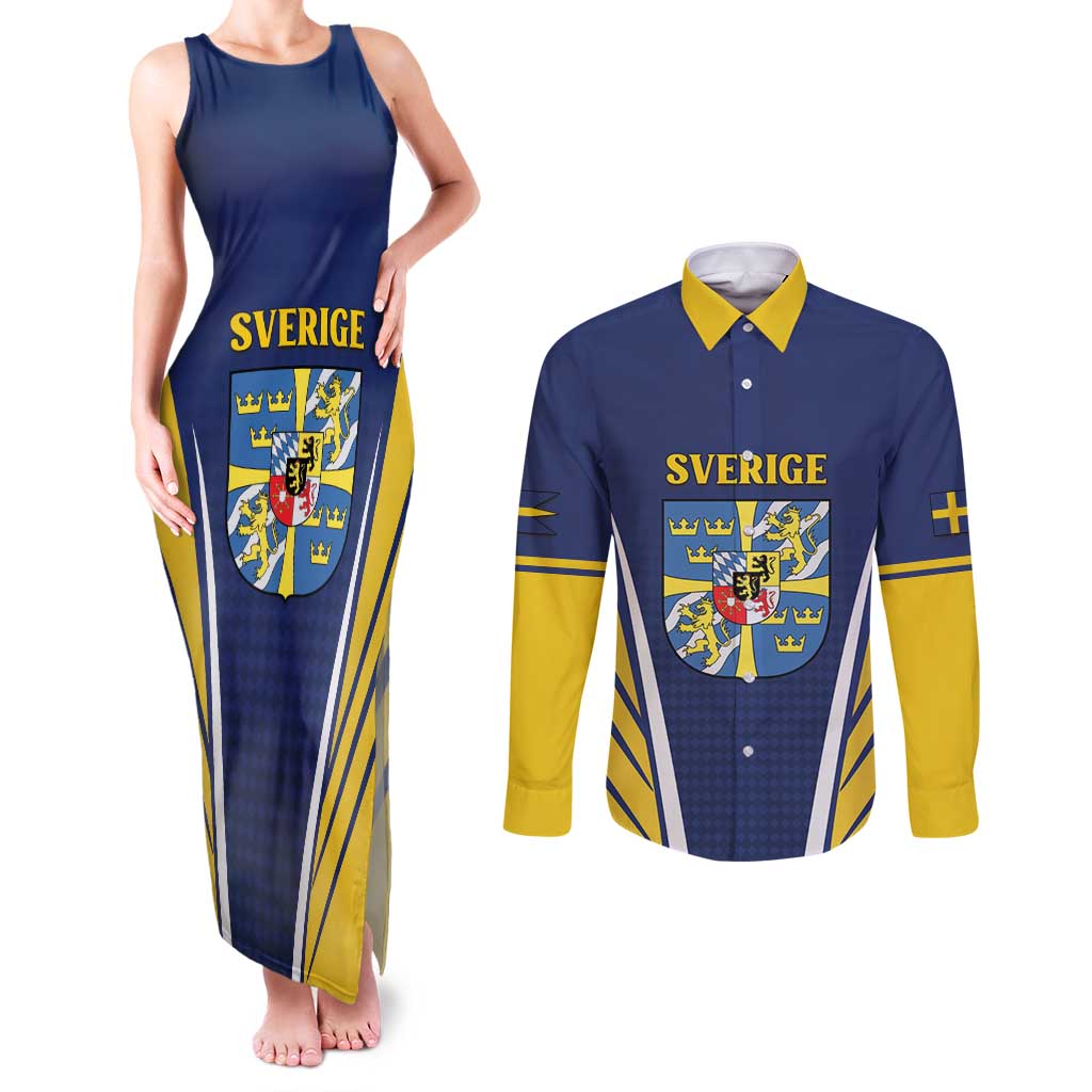 Personalized Swedish Empire 1611-1721 Couples Matching Tank Maxi Dress and Long Sleeve Button Shirt Flag Color Inspiration - Wonder Print Shop