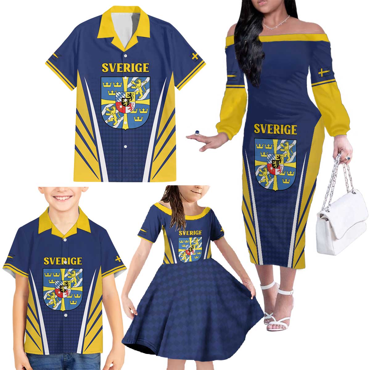 Personalized Swedish Empire 1611-1721 Family Matching Off The Shoulder Long Sleeve Dress and Hawaiian Shirt Flag Color Inspiration - Wonder Print Shop