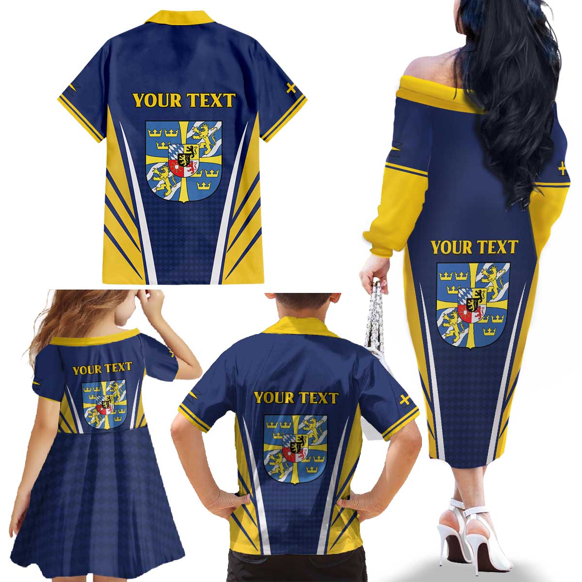 Personalized Swedish Empire 1611-1721 Family Matching Off The Shoulder Long Sleeve Dress and Hawaiian Shirt Flag Color Inspiration - Wonder Print Shop