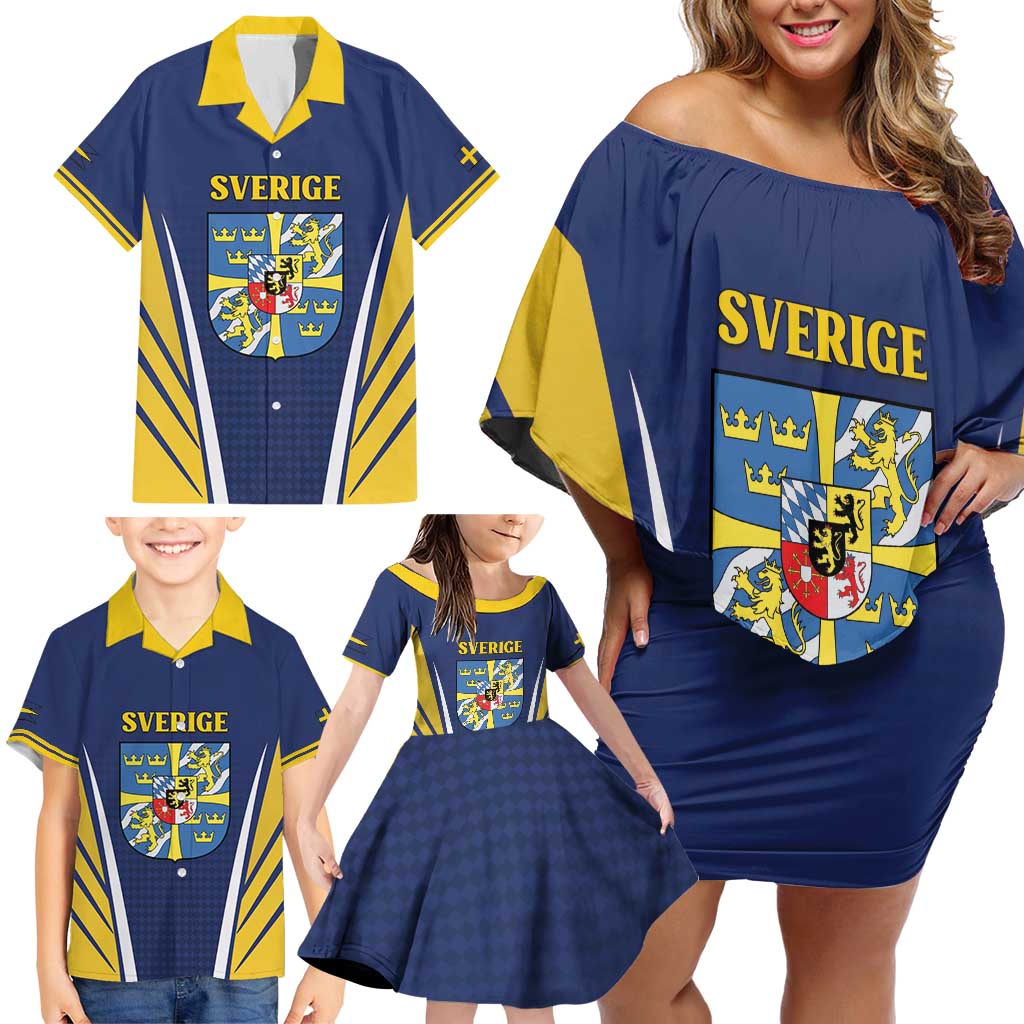 Personalized Swedish Empire 1611-1721 Family Matching Off Shoulder Short Dress and Hawaiian Shirt Flag Color Inspiration - Wonder Print Shop