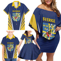 Personalized Swedish Empire 1611-1721 Family Matching Off Shoulder Short Dress and Hawaiian Shirt Flag Color Inspiration - Wonder Print Shop