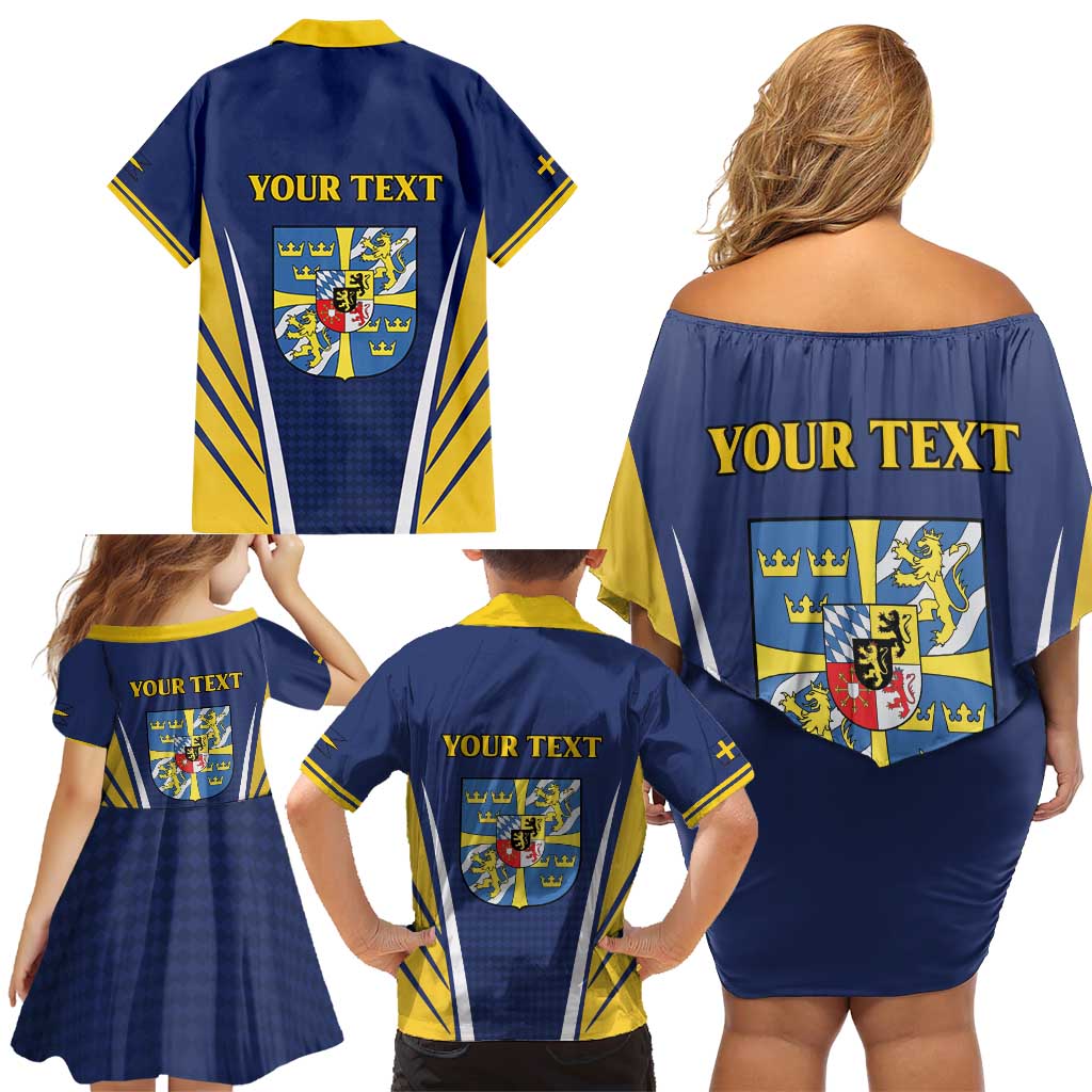 Personalized Swedish Empire 1611-1721 Family Matching Off Shoulder Short Dress and Hawaiian Shirt Flag Color Inspiration - Wonder Print Shop