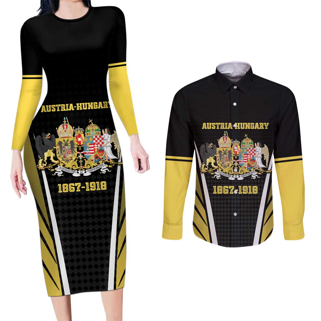 Personalized Austro-Hungarian Empire 1867-1918 Couples Matching Long Sleeve Bodycon Dress and Long Sleeve Button Shirt Flag Color Inspiration - Wonder Print Shop
