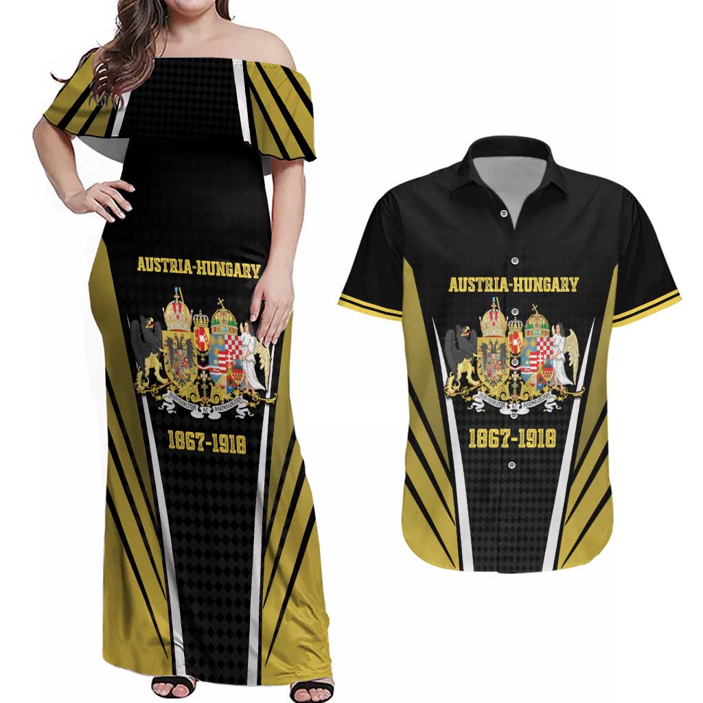 Personalized Austro-Hungarian Empire 1867-1918 Couples Matching Off Shoulder Maxi Dress and Hawaiian Shirt Flag Color Inspiration - Wonder Print Shop