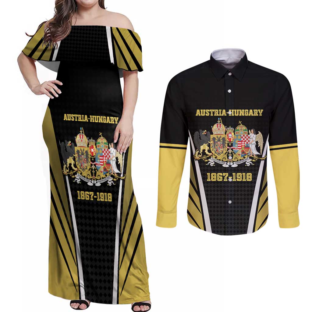 Personalized Austro-Hungarian Empire 1867-1918 Couples Matching Off Shoulder Maxi Dress and Long Sleeve Button Shirt Flag Color Inspiration - Wonder Print Shop