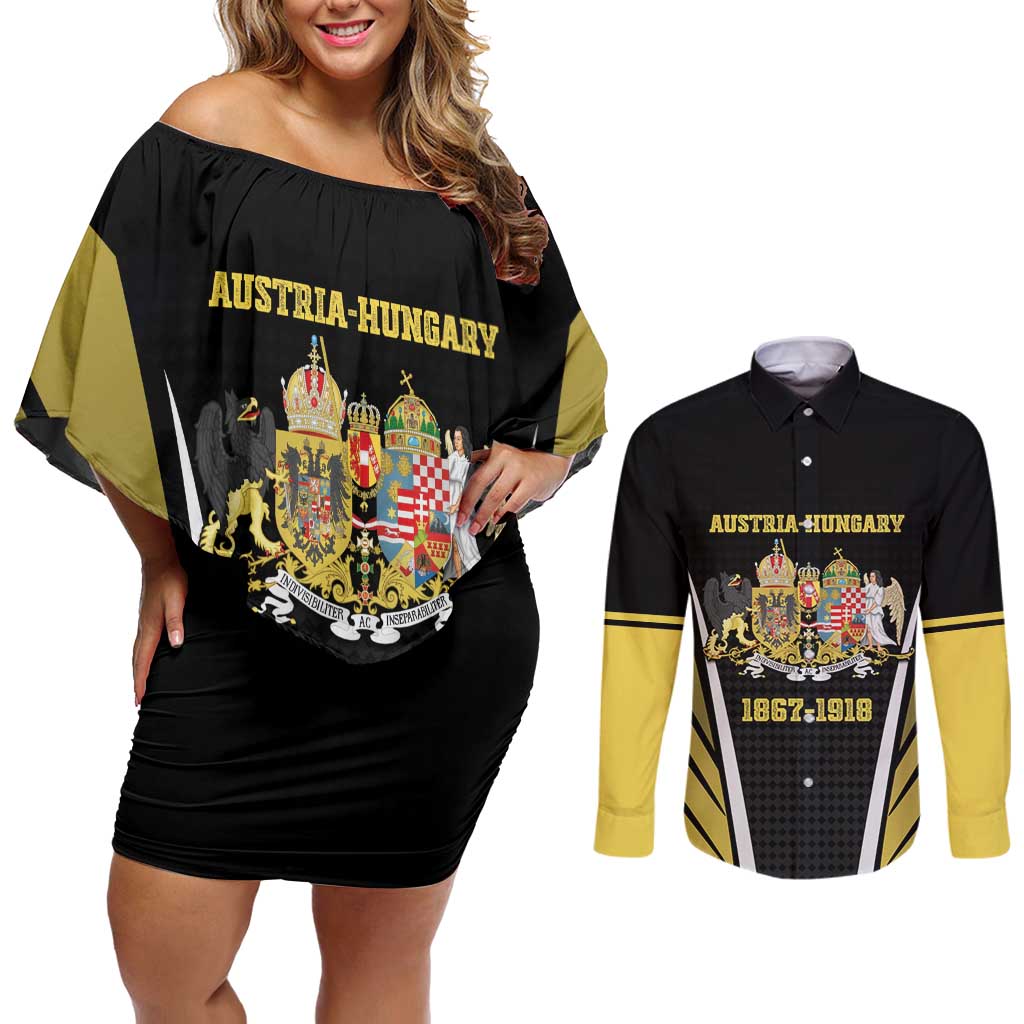 Personalized Austro-Hungarian Empire 1867-1918 Couples Matching Off Shoulder Short Dress and Long Sleeve Button Shirt Flag Color Inspiration - Wonder Print Shop