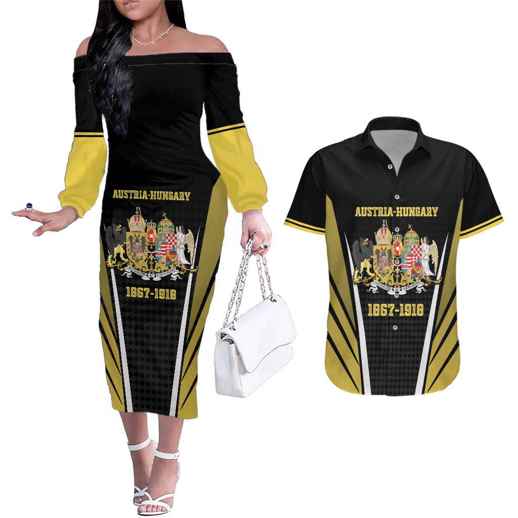 Personalized Austro-Hungarian Empire 1867-1918 Couples Matching Off The Shoulder Long Sleeve Dress and Hawaiian Shirt Flag Color Inspiration - Wonder Print Shop