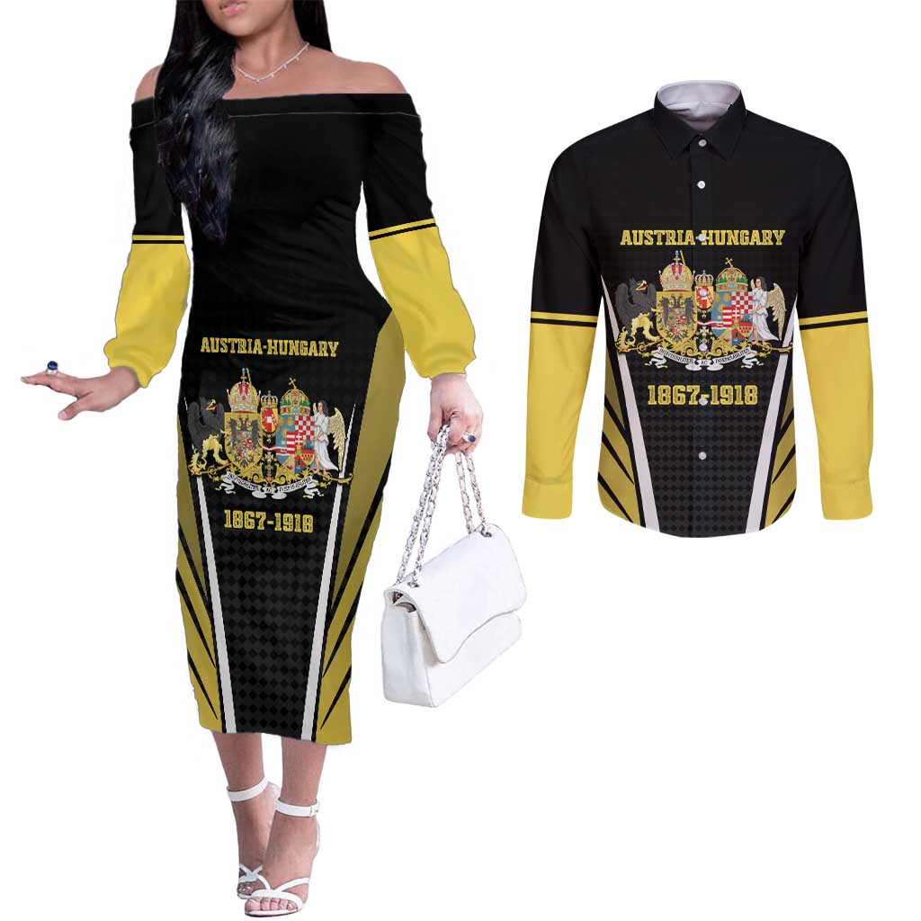 Personalized Austro-Hungarian Empire 1867-1918 Couples Matching Off The Shoulder Long Sleeve Dress and Long Sleeve Button Shirt Flag Color Inspiration - Wonder Print Shop