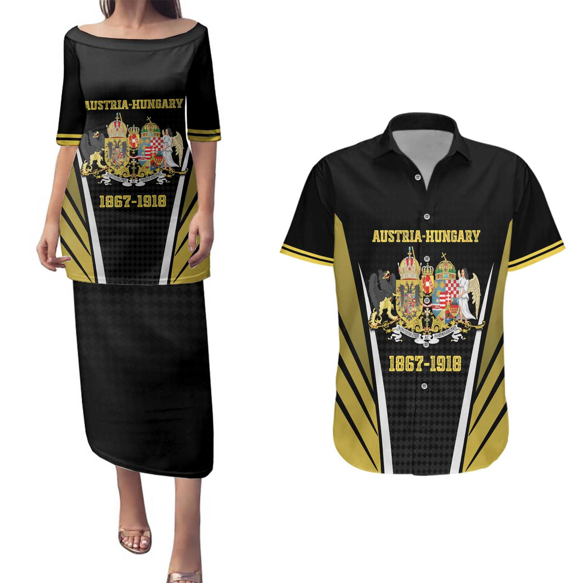 Personalized Austro-Hungarian Empire 1867-1918 Couples Matching Puletasi and Hawaiian Shirt Flag Color Inspiration - Wonder Print Shop