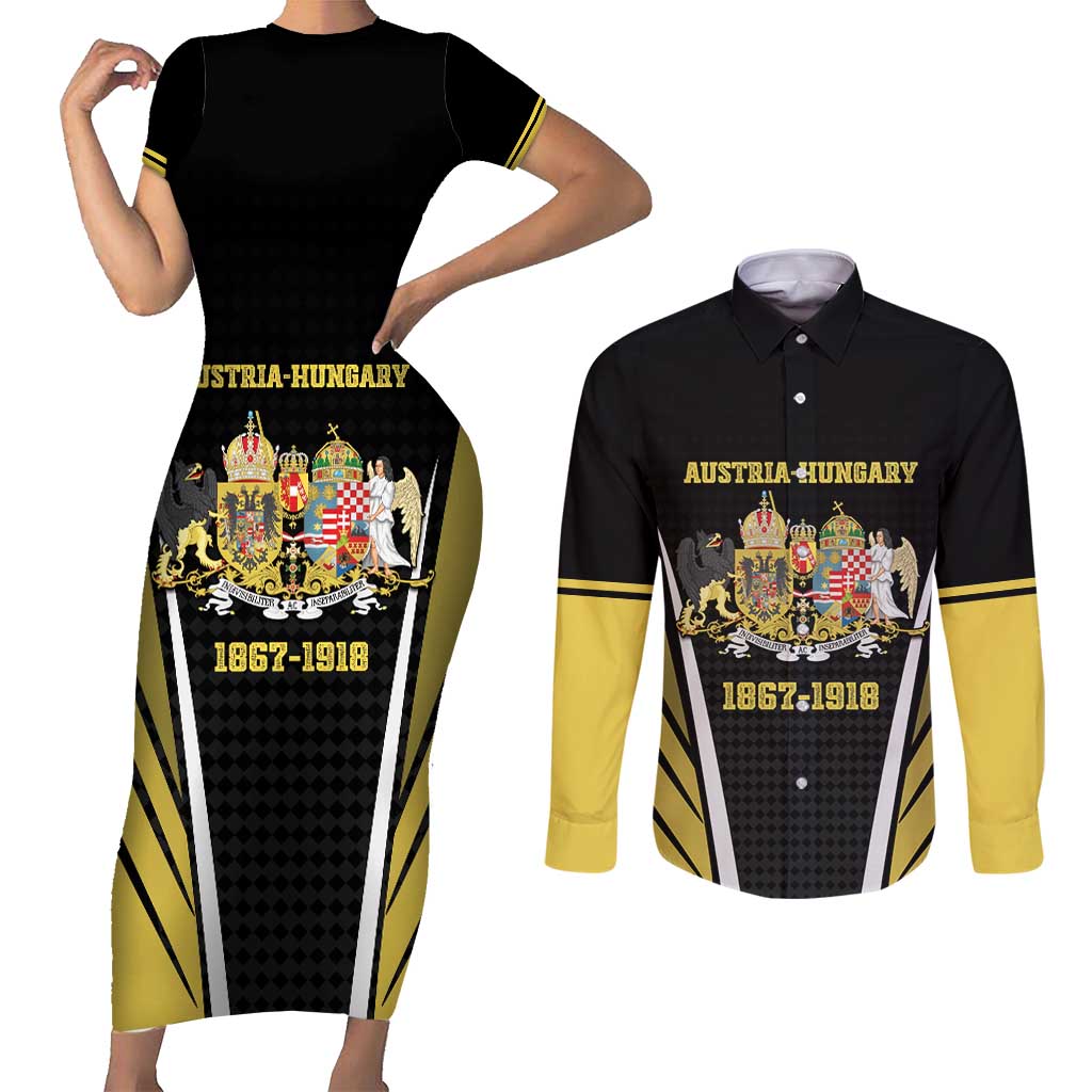 Personalized Austro-Hungarian Empire 1867-1918 Couples Matching Short Sleeve Bodycon Dress and Long Sleeve Button Shirt Flag Color Inspiration - Wonder Print Shop