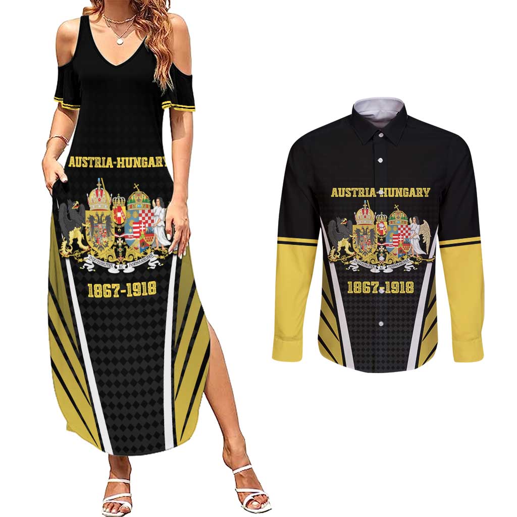 Personalized Austro-Hungarian Empire 1867-1918 Couples Matching Summer Maxi Dress and Long Sleeve Button Shirt Flag Color Inspiration - Wonder Print Shop