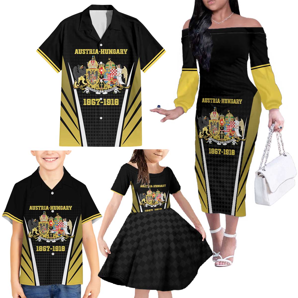 Personalized Austro-Hungarian Empire 1867-1918 Family Matching Off The Shoulder Long Sleeve Dress and Hawaiian Shirt Flag Color Inspiration - Wonder Print Shop