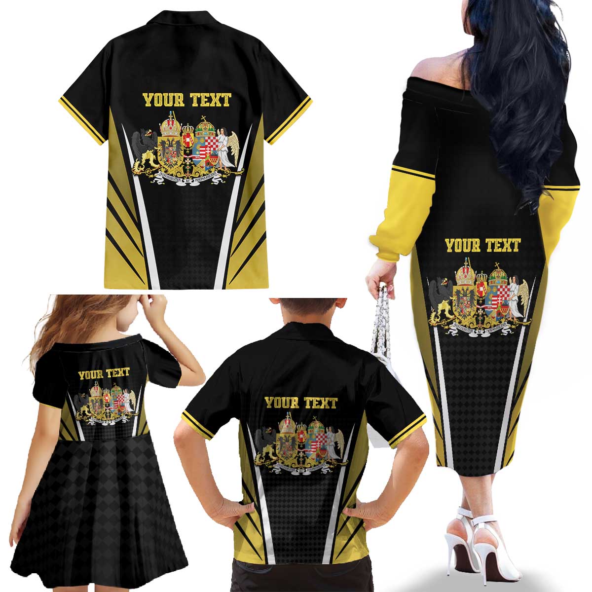 Personalized Austro-Hungarian Empire 1867-1918 Family Matching Off The Shoulder Long Sleeve Dress and Hawaiian Shirt Flag Color Inspiration - Wonder Print Shop