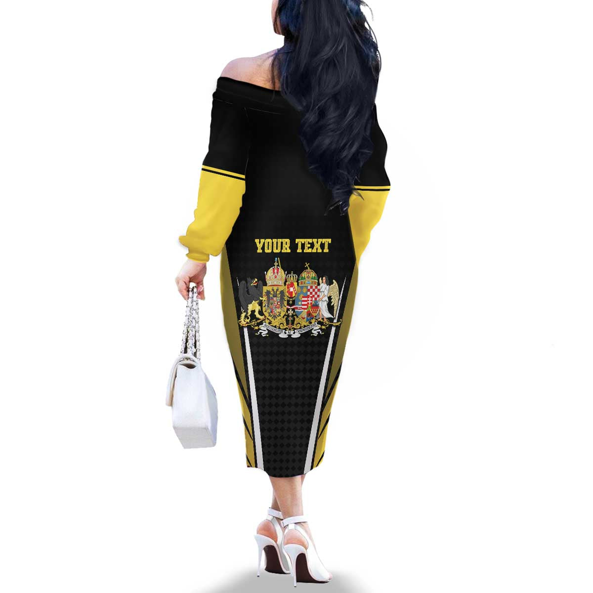 Personalized Austro-Hungarian Empire 1867-1918 Family Matching Off The Shoulder Long Sleeve Dress and Hawaiian Shirt Flag Color Inspiration - Wonder Print Shop