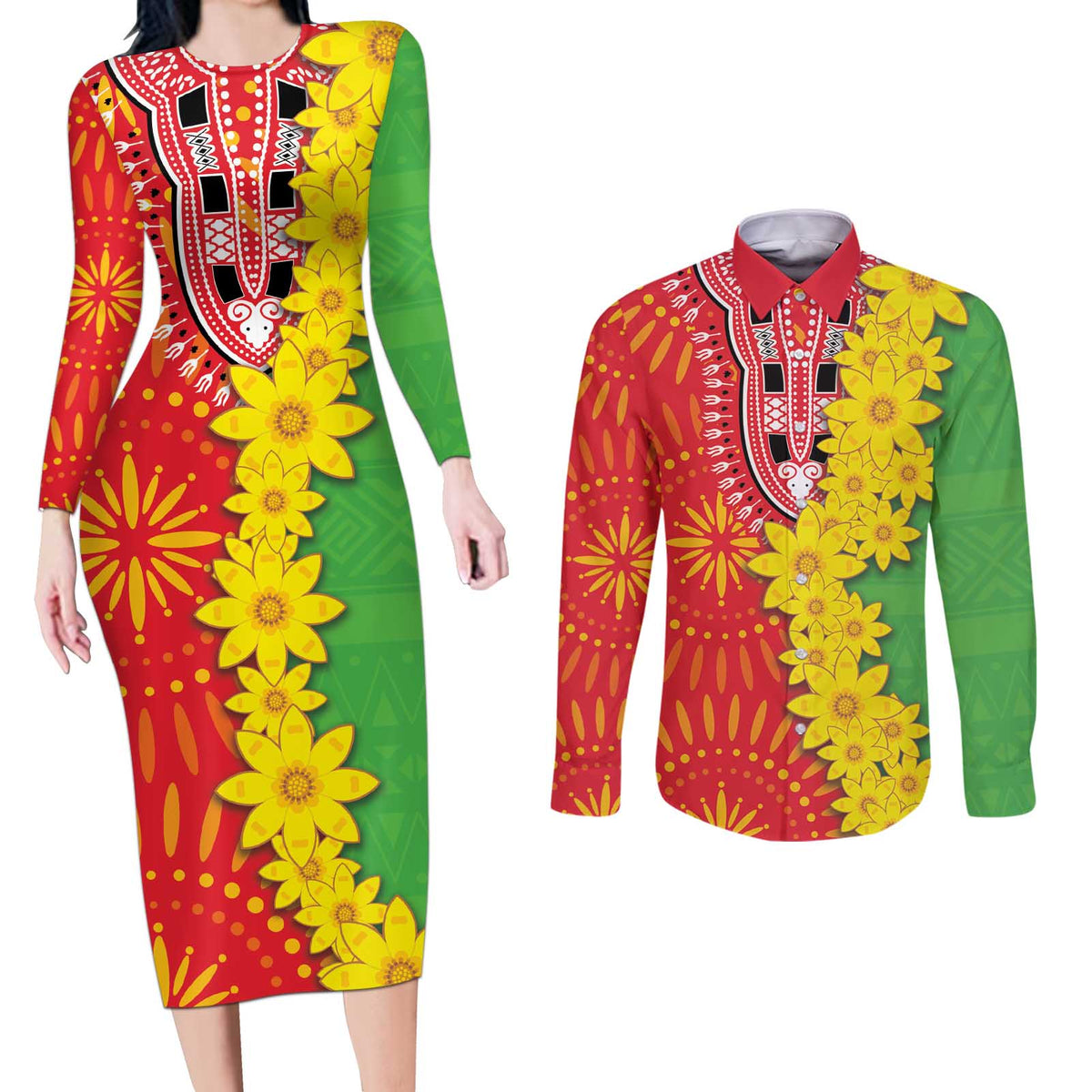 Eritrea Enkutatash Dashiki Couples Matching Long Sleeve Bodycon Dress and Long Sleeve Button Shirt With Folk Pattern - Wonder Print Shop