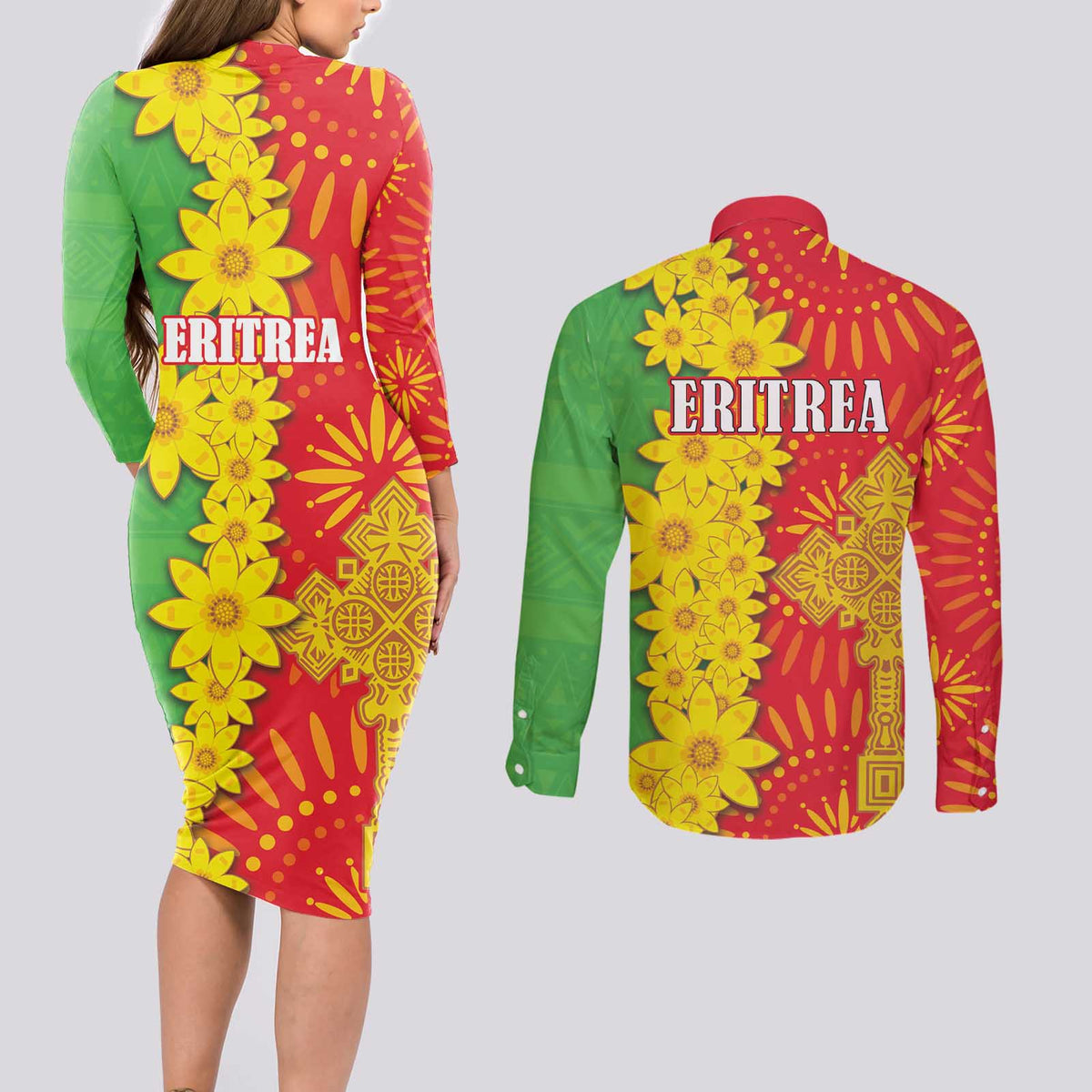 Eritrea Enkutatash Dashiki Couples Matching Long Sleeve Bodycon Dress and Long Sleeve Button Shirt With Folk Pattern - Wonder Print Shop