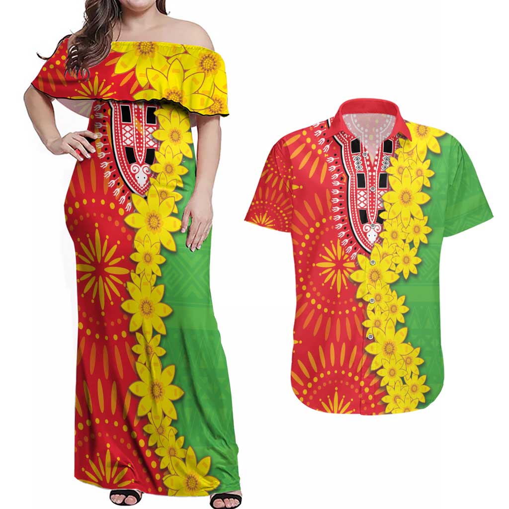 Eritrea Enkutatash Dashiki Couples Matching Off Shoulder Maxi Dress and Hawaiian Shirt With Folk Pattern - Wonder Print Shop