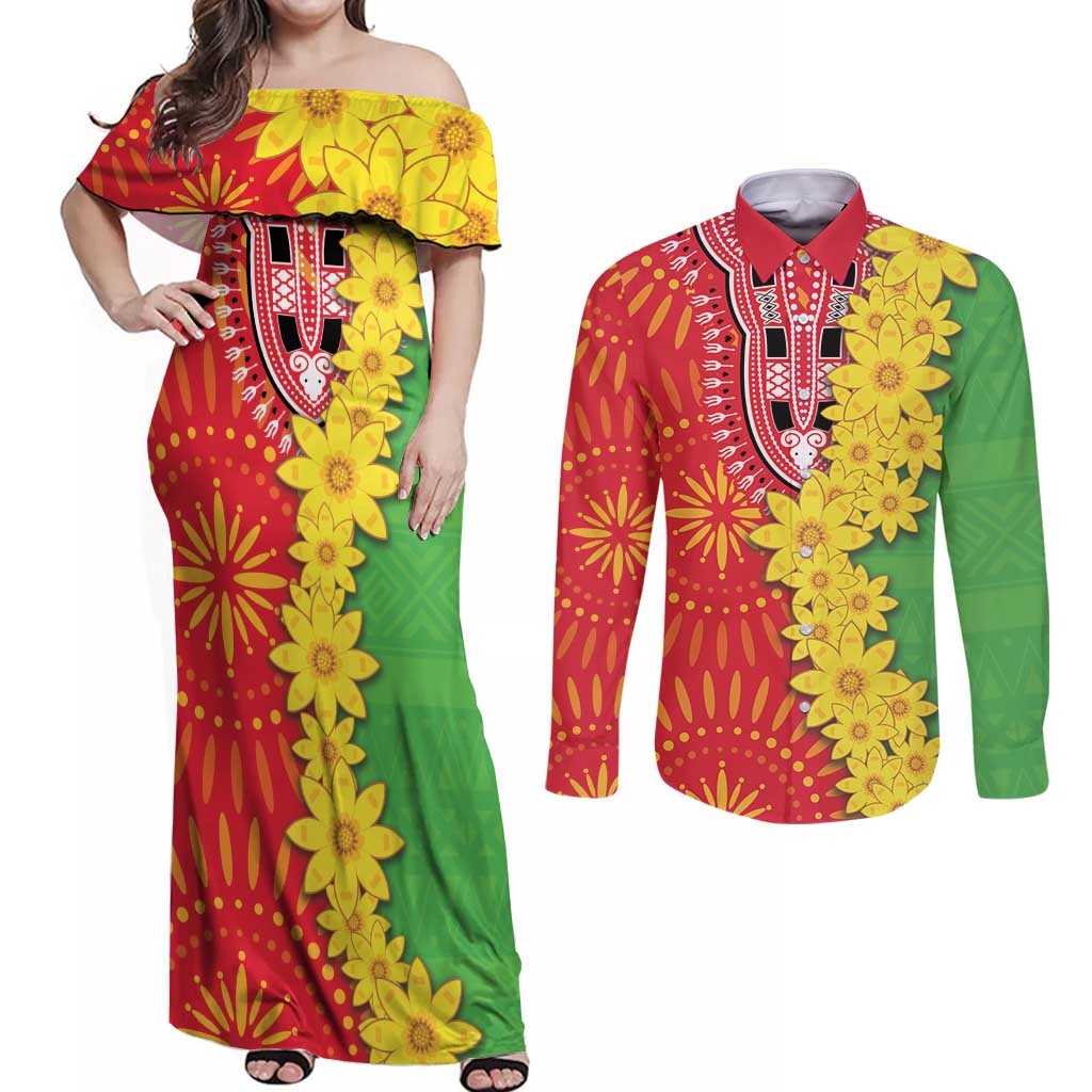 Eritrea Enkutatash Dashiki Couples Matching Off Shoulder Maxi Dress and Long Sleeve Button Shirt With Folk Pattern - Wonder Print Shop