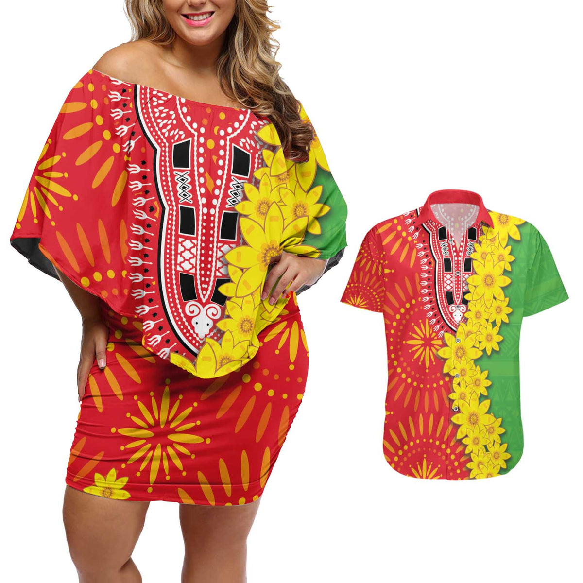 Eritrea Enkutatash Dashiki Couples Matching Off Shoulder Short Dress and Hawaiian Shirt With Folk Pattern - Wonder Print Shop