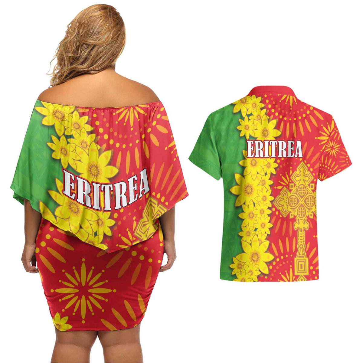 Eritrea Enkutatash Dashiki Couples Matching Off Shoulder Short Dress and Hawaiian Shirt With Folk Pattern - Wonder Print Shop
