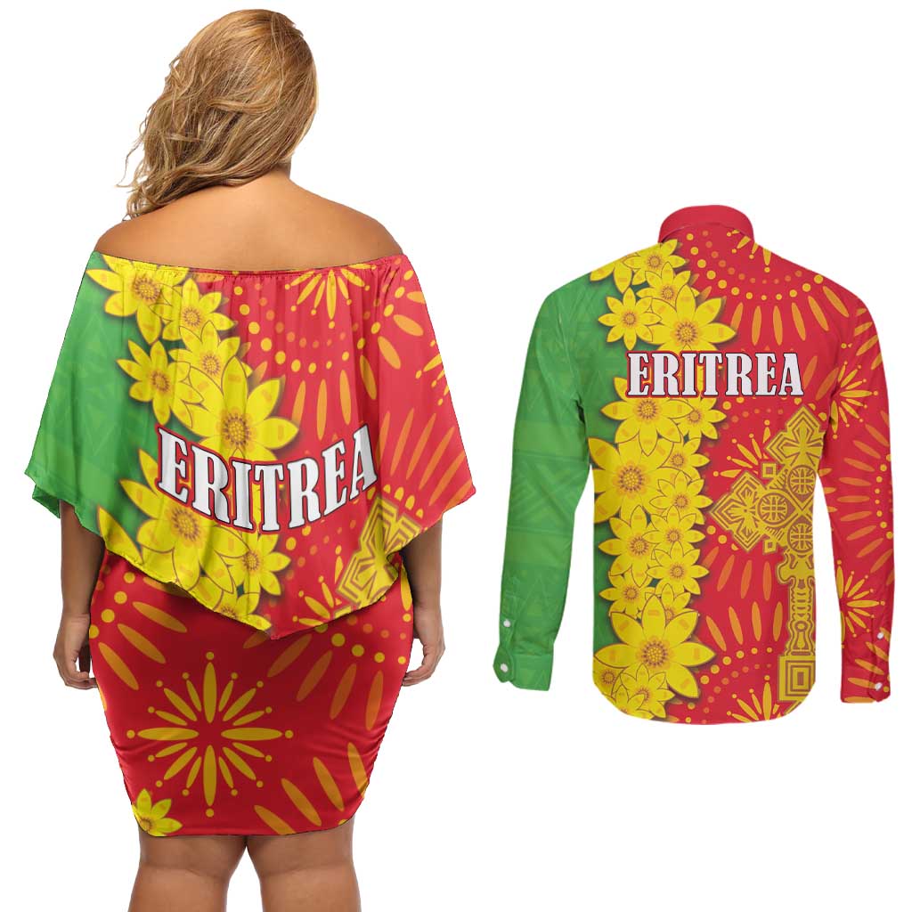 Eritrea Enkutatash Dashiki Couples Matching Off Shoulder Short Dress and Long Sleeve Button Shirt With Folk Pattern - Wonder Print Shop