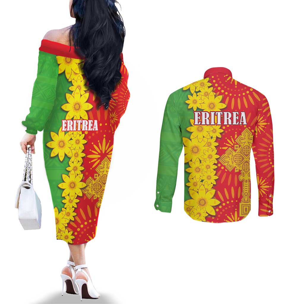 Eritrea Enkutatash Dashiki Couples Matching Off The Shoulder Long Sleeve Dress and Long Sleeve Button Shirt With Folk Pattern