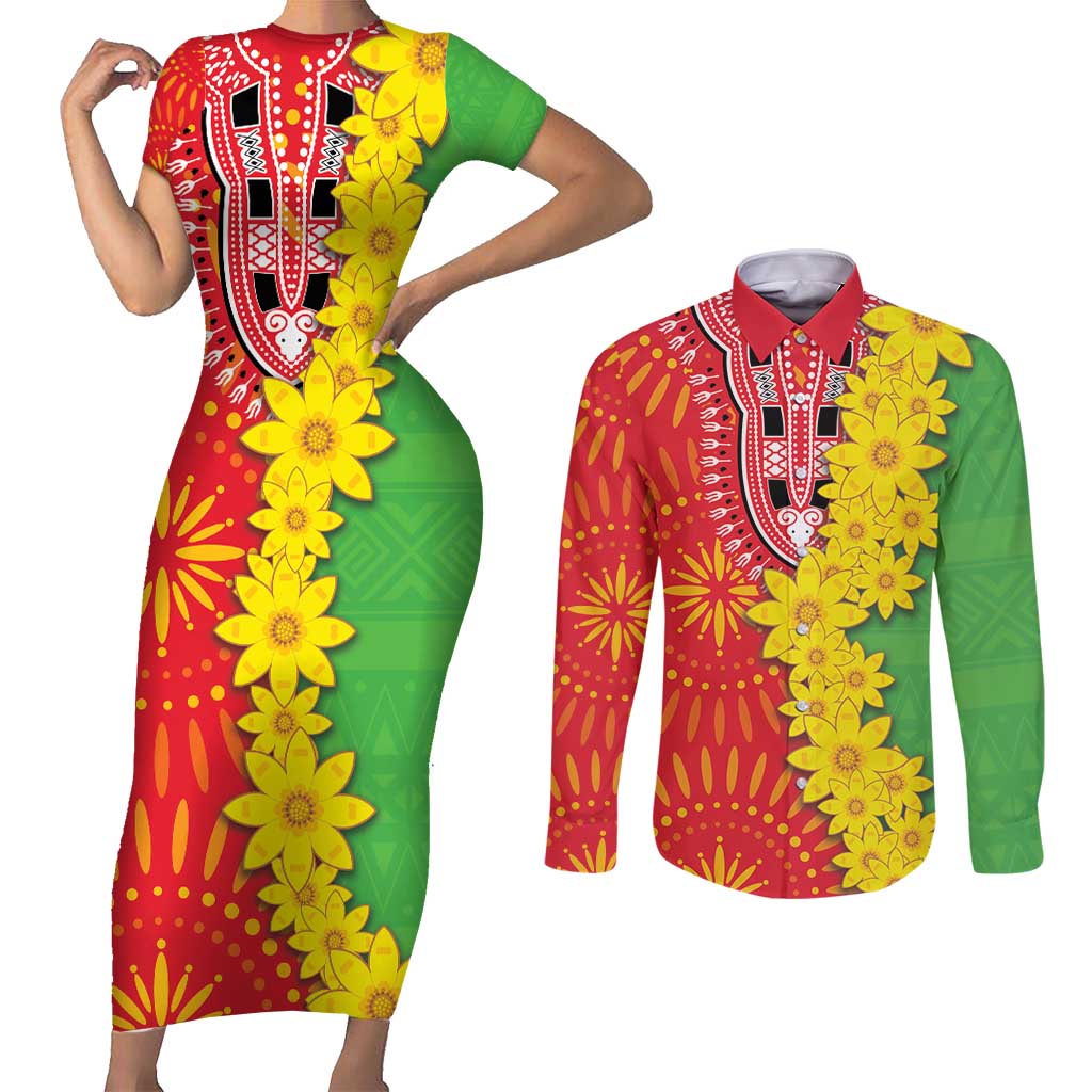 Eritrea Enkutatash Dashiki Couples Matching Short Sleeve Bodycon Dress and Long Sleeve Button Shirt With Folk Pattern - Wonder Print Shop