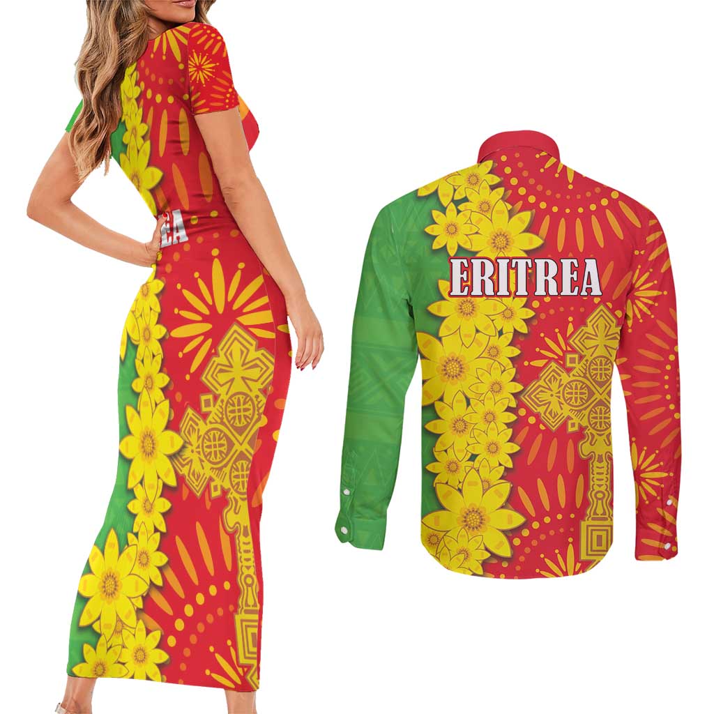 Eritrea Enkutatash Dashiki Couples Matching Short Sleeve Bodycon Dress and Long Sleeve Button Shirt With Folk Pattern - Wonder Print Shop