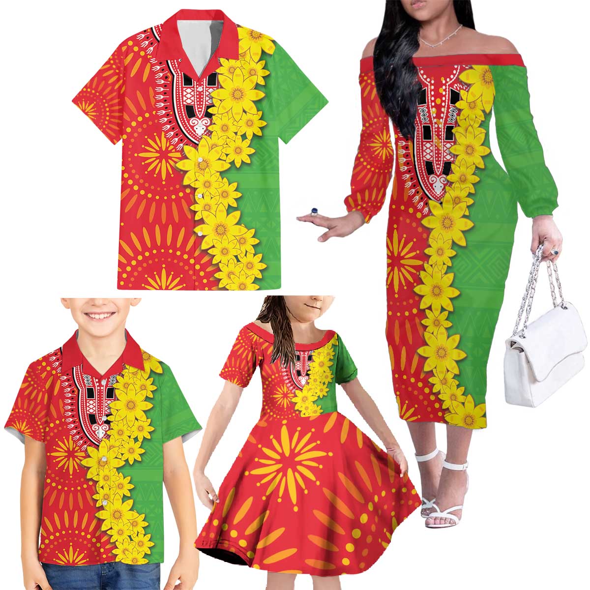 Eritrea Enkutatash Dashiki Family Matching Off The Shoulder Long Sleeve Dress and Hawaiian Shirt With Folk Pattern - Wonder Print Shop