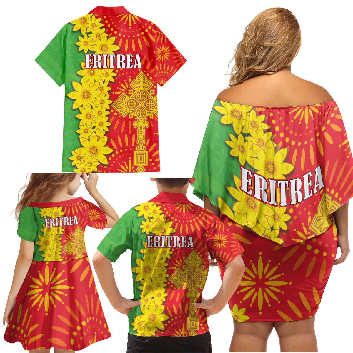 Eritrea Enkutatash Dashiki Family Matching Off Shoulder Short Dress and Hawaiian Shirt With Folk Pattern - Wonder Print Shop
