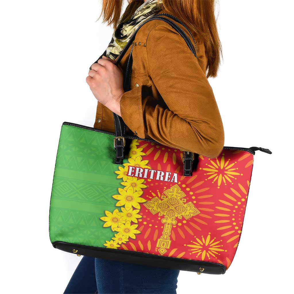 Eritrea Enkutatash Dashiki Leather Tote Bag With Folk Pattern - Wonder Print Shop