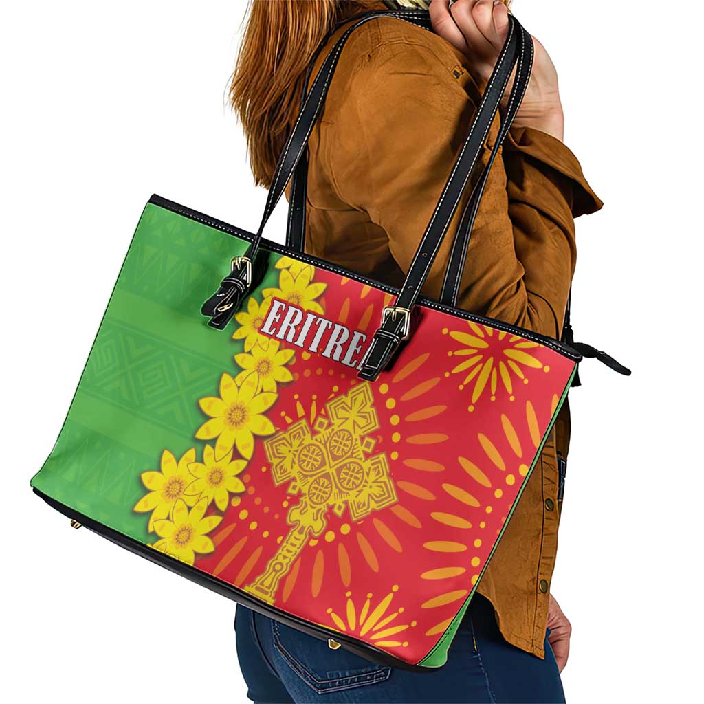 Eritrea Enkutatash Dashiki Leather Tote Bag With Folk Pattern - Wonder Print Shop