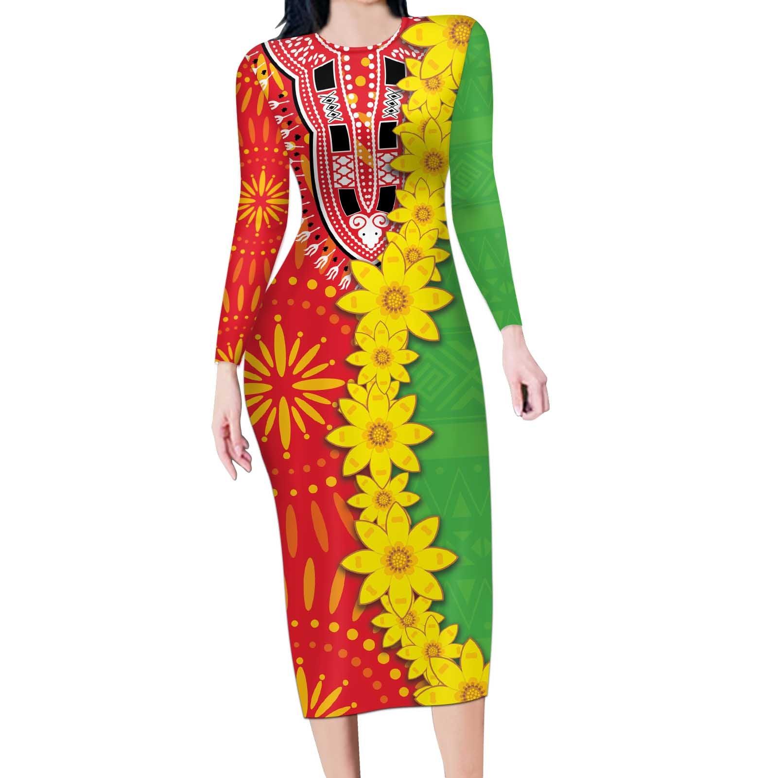 Eritrea Enkutatash Dashiki Long Sleeve Bodycon Dress With Folk Pattern - Wonder Print Shop
