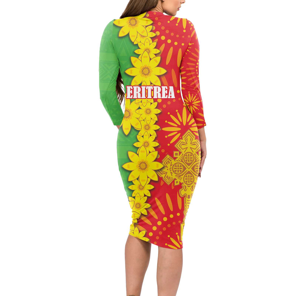 Eritrea Enkutatash Dashiki Long Sleeve Bodycon Dress With Folk Pattern - Wonder Print Shop