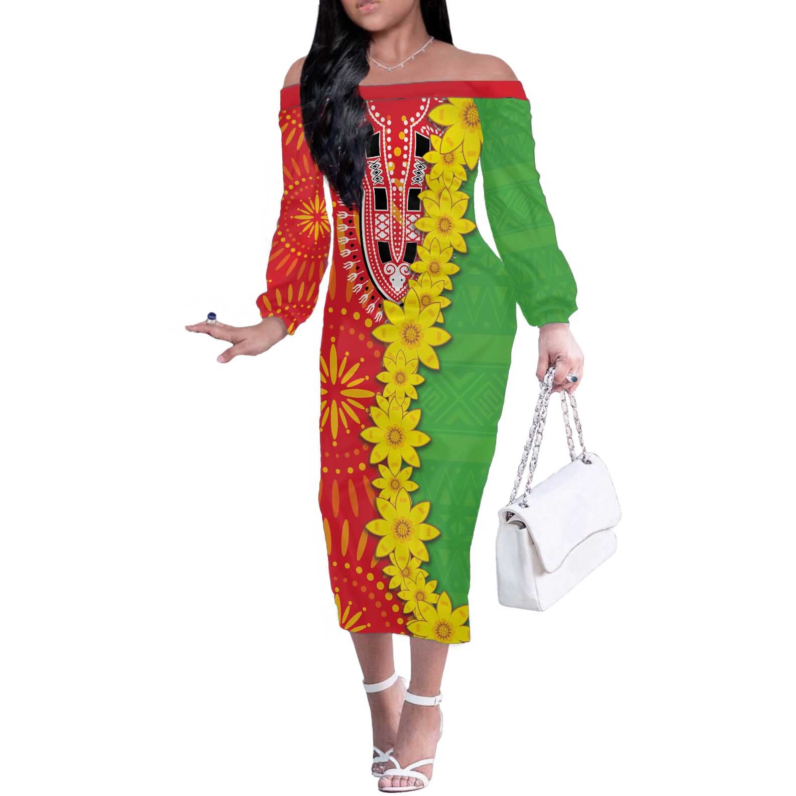Eritrea Enkutatash Dashiki Off The Shoulder Long Sleeve Dress With Folk Pattern - Wonder Print Shop