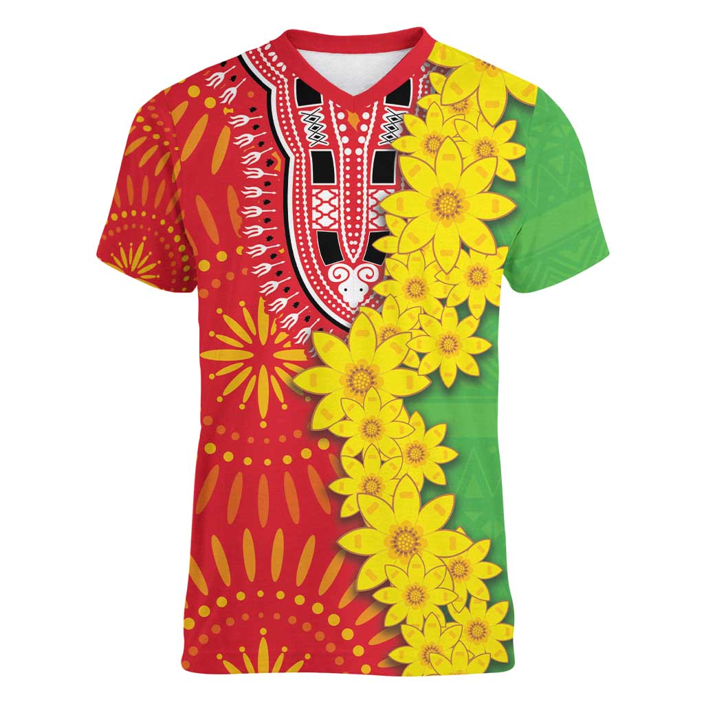 Eritrea Enkutatash Dashiki Women V-Neck T-Shirt With Folk Pattern - Wonder Print Shop