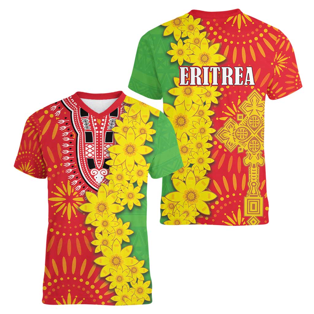 Eritrea Enkutatash Dashiki Women V-Neck T-Shirt With Folk Pattern - Wonder Print Shop